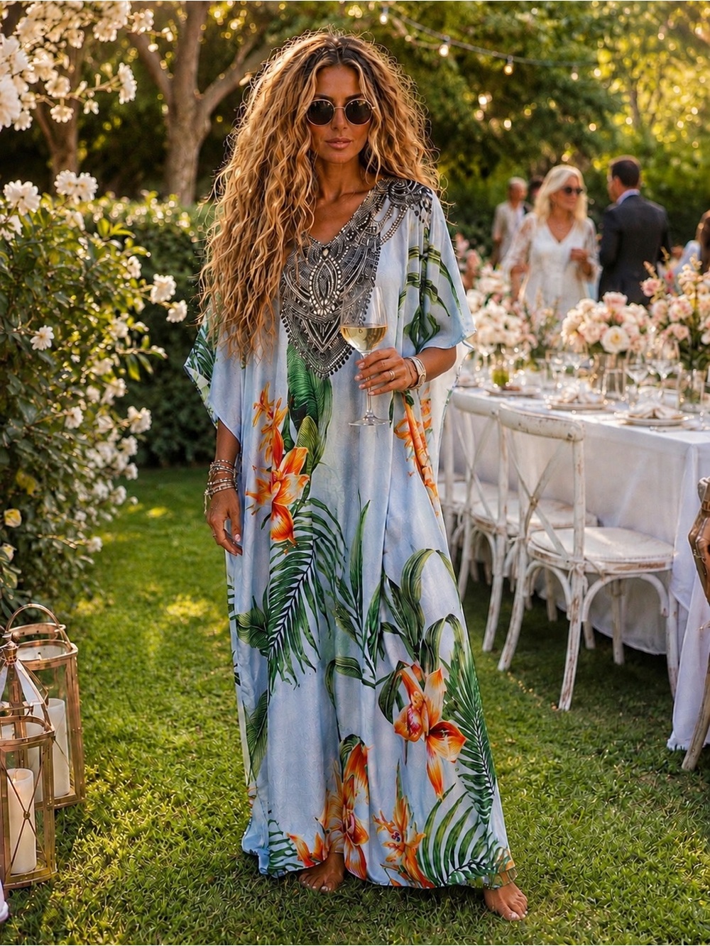 F17. LUCY DIAMONDS | Tropical Floral Caftan Dress | One Size | Beach Resort